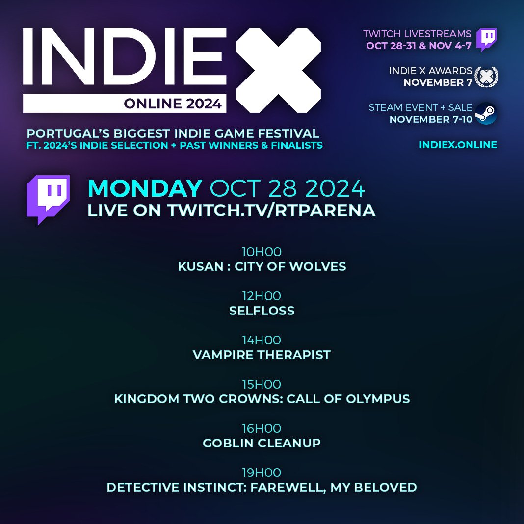 Indie X (@indiexpt) on Twitter photo We start tomorrow on <a href="/rtparena/">RTP Arena</a>:
Watch:
Kusan : City of Wolves <a href="/circlefromdot/">KUSAN : CityofWolves - Wishlist on Steam!</a>
Selfloss <a href="/AlexGoodwinDev/">Alex Goodwin</a>
Vampire Therapist @littlebatgames
Kingdom Two Crowns: Call of Olympus <a href="/kingdomthegame/">Kingdom Games Official👑 OLYMPIAN TRIALS AVAILABLE</a>
Goblin Cleanup <a href="/GoblinCleanup/">Goblin Cleanup 🧹 Early Access August 28</a>
Detective Instinct: Farewell, My Beloved <a href="/TrainDetective/">Detective Instinct: Farewell, My Beloved (ADV/VN)</a> We start tomorrow on <a href="/rtparena/">RTP Arena</a>:
Watch:
Kusan : City of Wolves <a href="/circlefromdot/">KUSAN : CityofWolves - Wishlist on Steam!</a>
Selfloss <a href="/AlexGoodwinDev/">Alex Goodwin</a>
Vampire Therapist @littlebatgames
Kingdom Two Crowns: Call of Olympus <a href="/kingdomthegame/">Kingdom Games Official👑 OLYMPIAN TRIALS AVAILABLE</a>
Goblin Cleanup <a href="/GoblinCleanup/">Goblin Cleanup 🧹 Early Access August 28</a>
Detective Instinct: Farewell, My Beloved <a href="/TrainDetective/">Detective Instinct: Farewell, My Beloved (ADV/VN)</a>