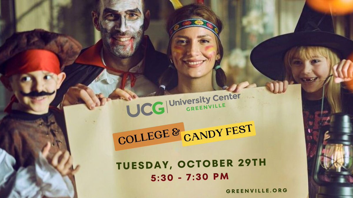 Come learn about higher education options in Greenville! Tuesday, October 29th from 5:30 -7:30 pm. 225 S. Pleasantburg
Drive.
Dress up the kids and let 'em have some fun while you speak to reps from SC Universities! Food, games, candy and FREE!
— at University Center