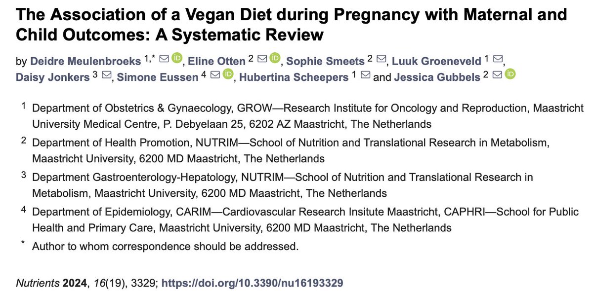bigfatsurprise's tweet photo. Vegan diet in pregnancy --> lower birthweight babies

Results of 1st systematic review of evidence on vegan moms: 
It also found that the intake of protein and various micronutrients was significantly lower among vegan pregnant women compared to omnivorous women. 
Paper is in Nutrients. h/t @SustainableDish