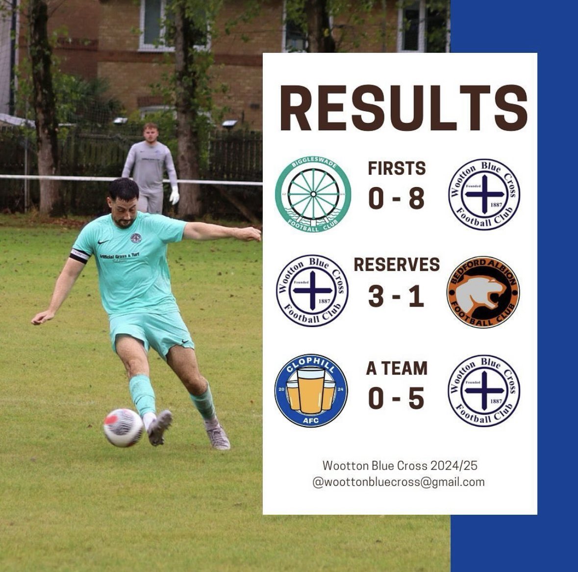 😍 | Wins across the board for Blue Cross!

Faultless performance from our 1st to remain top with a game in hand after a solid win against <a href="/BFC_Reserves/">Biggleswade FC Reserves</a>!  

Ressies in the hat cup after a decent cup win against <a href="/BedfordAlbionFC/">Bedford Albion</a>!

As go 2nd after their win!

Up the Blue Cross 🔵✖️