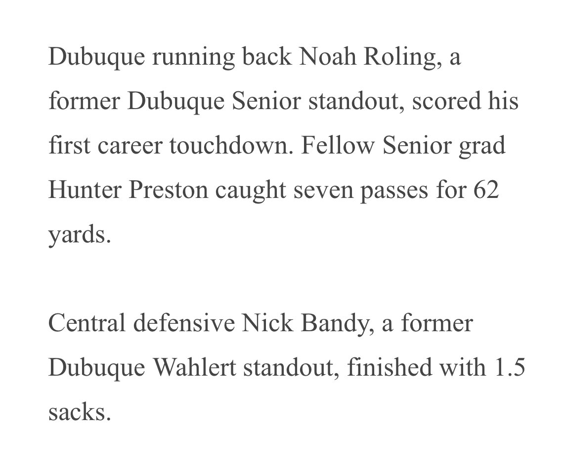 A few alum and locals making contributions  <a href="/Noah_Roling09/">Noah Roling</a> <a href="/hunter_preston1/">Hunter Preston</a> 

<a href="/seniorramsfball/">DJ Moore</a> <a href="/DubuqueFootball/">Spartan Football</a>