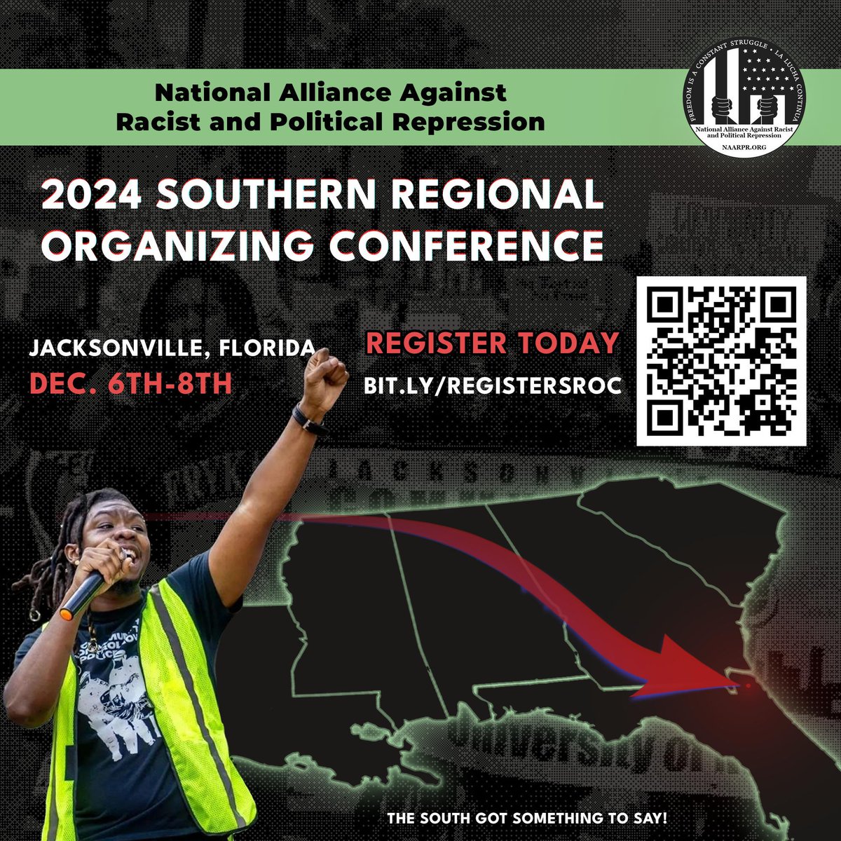 The first ever Southern Regional Organizing conference of the NAARPR is coming up! Register now to get engaged in fighting for the rights of oppressed and working people. Our movements are under attack and our unity is needed more than ever. Register at bit.ly/REGISTERSROC