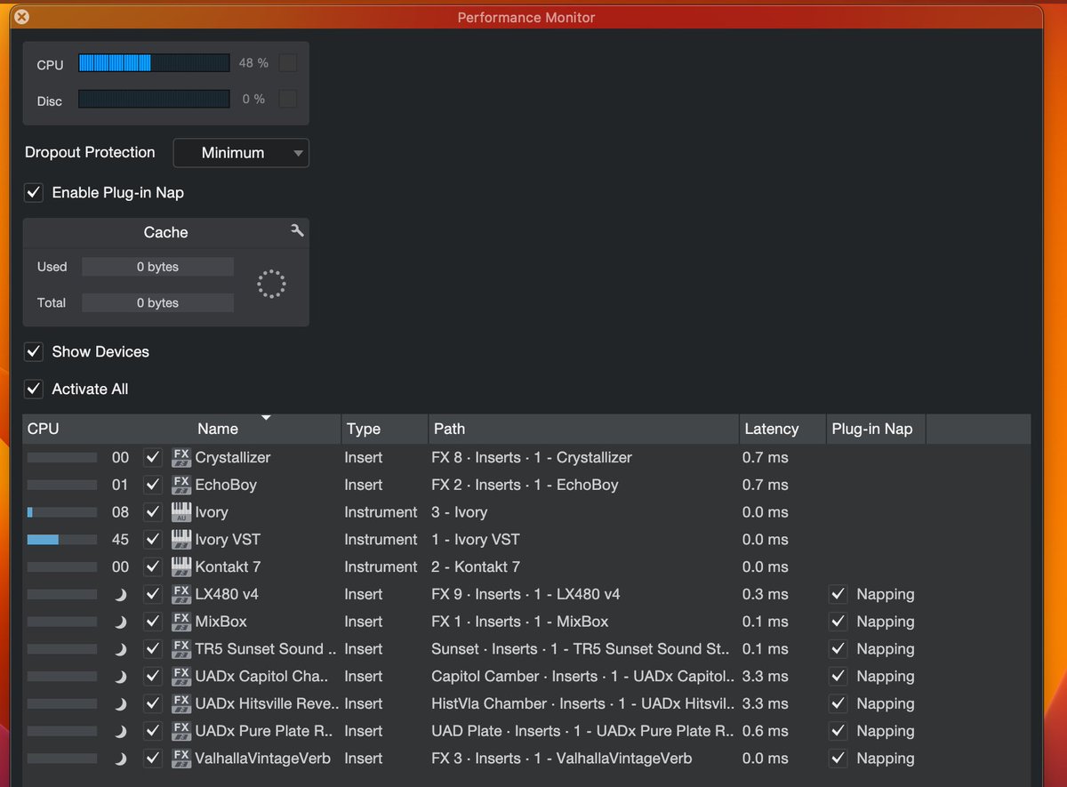 KT_landscape's tweet photo. Ivory3 持ってたんだけど使ってなくて。スタワンだったらAUはIvory 2、VST3でIvory 3両方使えると思って試してみたら無事両方使えた。
けど、重すぎる。M1 MacStudioでペダル踏むと48%って食いすぎじゃね?もうちょっと軽くならんのか☹️ 2は行っても12%くらい。4倍じゃ😆 https://t.co/GMBZhWhL3K
