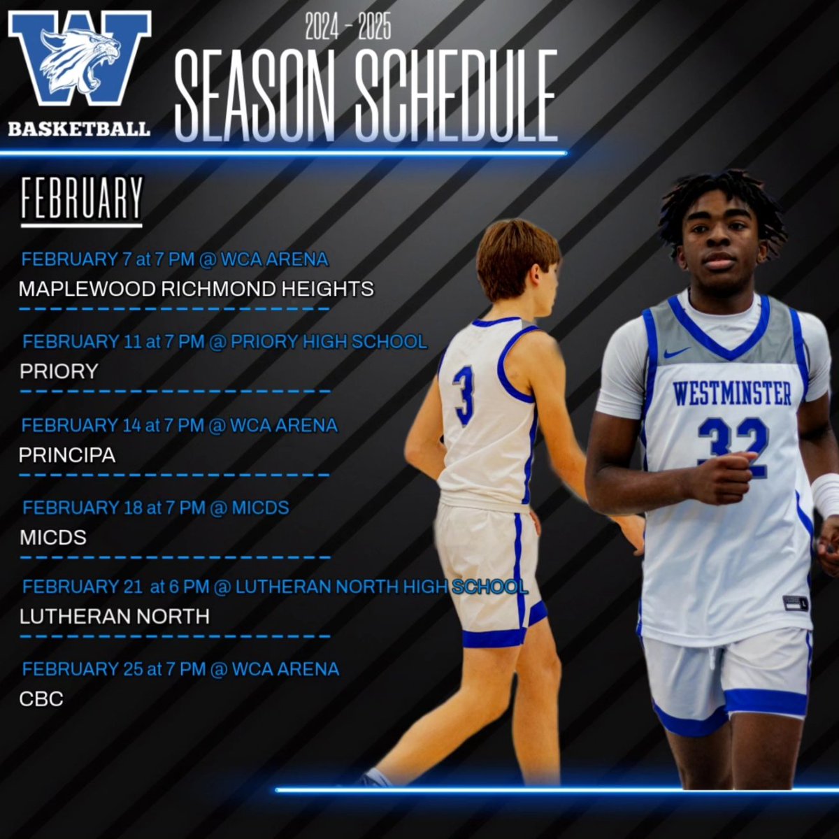 🗓 2024 - 2025 schedule

Almost that time! ⏳️

#christianathletes #WCAstlhoops #playlikeawildcat #HonorChrist #westminsterbasketball