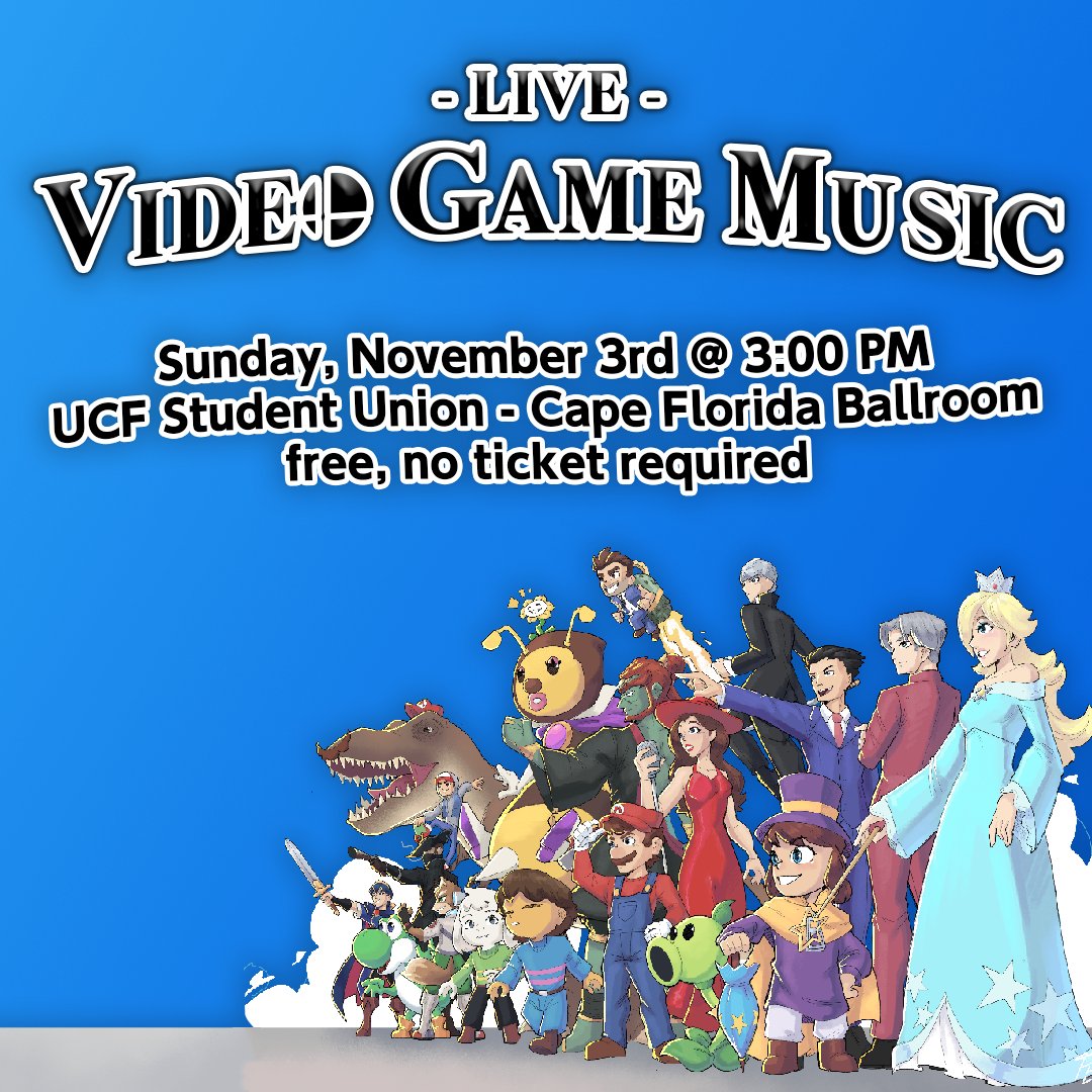 Our November 2024 Concert will be taking place in ONE WEEK FROM RIGHT NOW!! Join us on Sunday, November 3rd at 3pm in UCF's Cape Florida Ballroom for a concert  featuring a fun variety of themes from your favorite games! We hope to see you there!