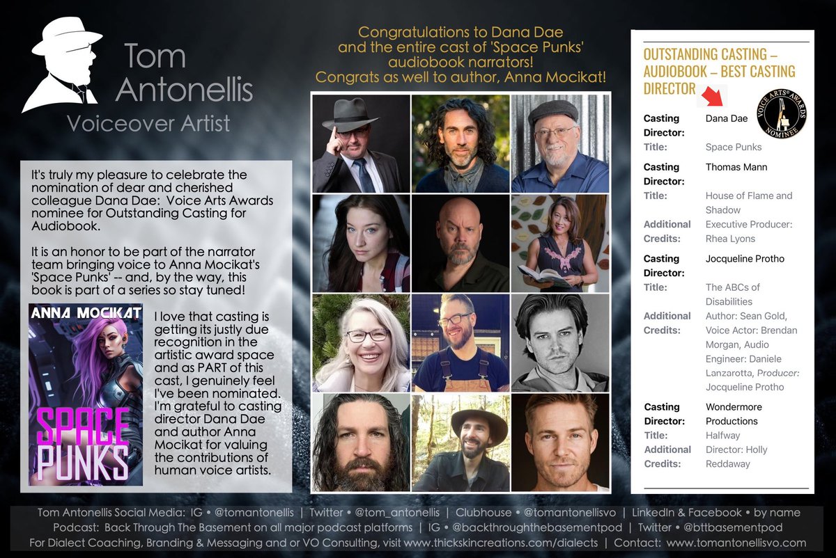 tom_antonellis's tweet image. Congrats to #castingdirector  @danadaeactor &amp;amp; the cast of #spacepunks #audiobooknarrators ! Congrats as well to author, @anna_mocikat ! 

Learn more about the @VoiceArtsAward #casting nomination that this team - of which I’m thrilled to be a part - has earned!!

[Details in pic]