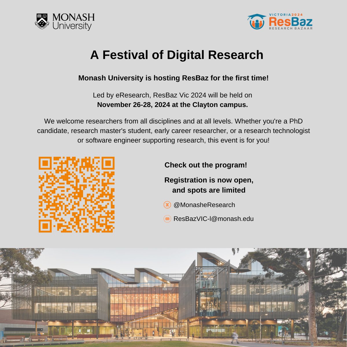 Monash eResearch (@monasheresearch) on Twitter photo 🚀Registration for sessions is NOW OPEN for ResBaz VIC 2024!🎉Explore our exciting program and secure your spot today—spaces are limited, so book now before they fill up!🗓️👇
shorturl.at/poE2d
#ResBazVIC2024 #ResearchFestival #RegisterNow 🚀Registration for sessions is NOW OPEN for ResBaz VIC 2024!🎉Explore our exciting program and secure your spot today—spaces are limited, so book now before they fill up!🗓️👇
shorturl.at/poE2d
#ResBazVIC2024 #ResearchFestival #RegisterNow