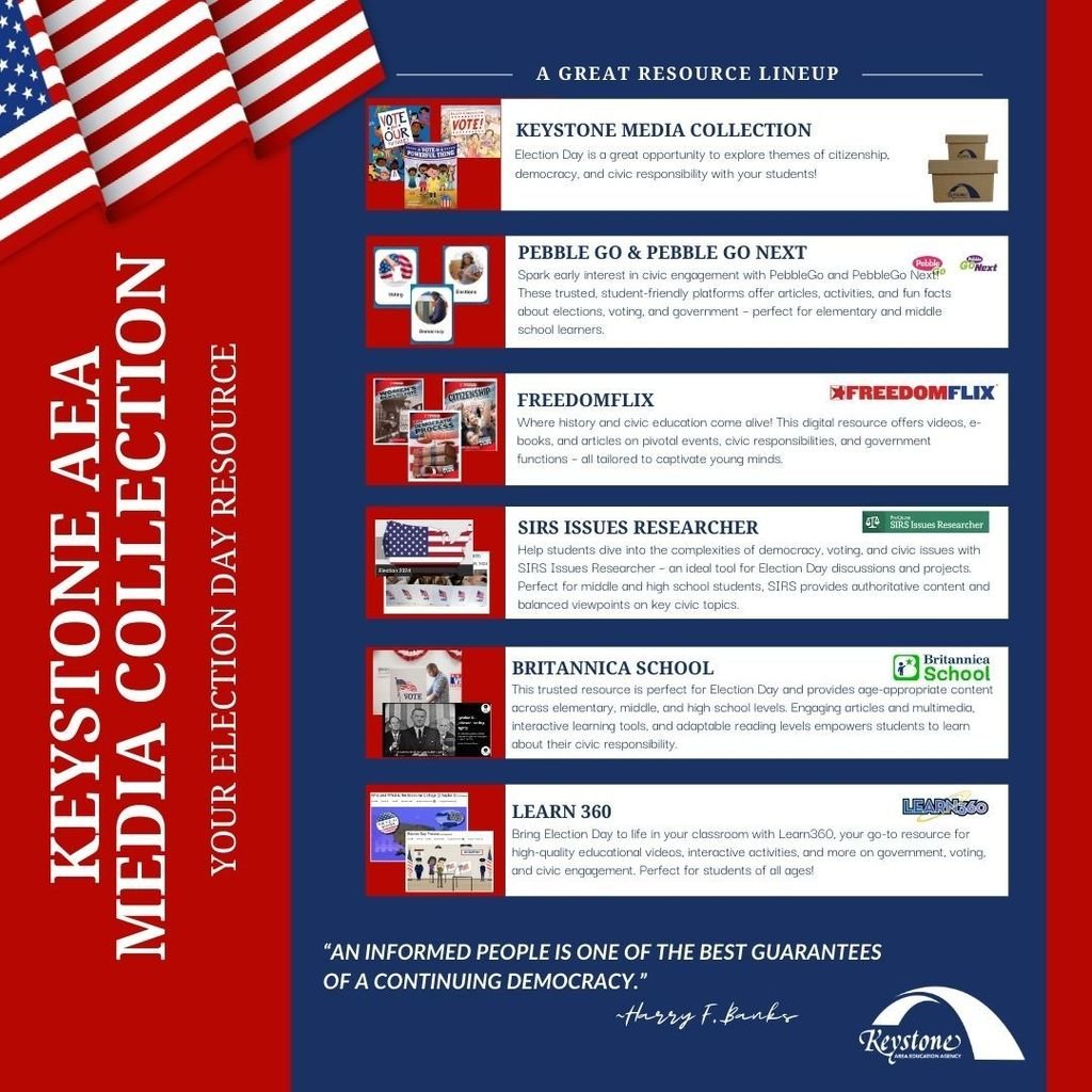 KeystoneAEA's tweet image. This Election Day 🇺🇸, help students become engaged, informed citizens  resources from @KeystoneAEA Media Collection! Our high quality materials help teach democracy and civic responsibility, fostering critical thinking &amp;amp; appreciation for diverse perspectives. #GroundedinService