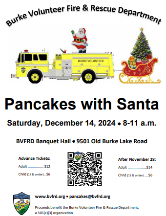 Tickets are ON SALE for Pancakes with Santa! Mark your calendars for Dec. 14. Bring the whole family for a morning of festive fun and enjoy a delicious pancake breakfast, holiday activities, and a chance to meet Santa himself.  Visit bvfrd.org/santa for more info