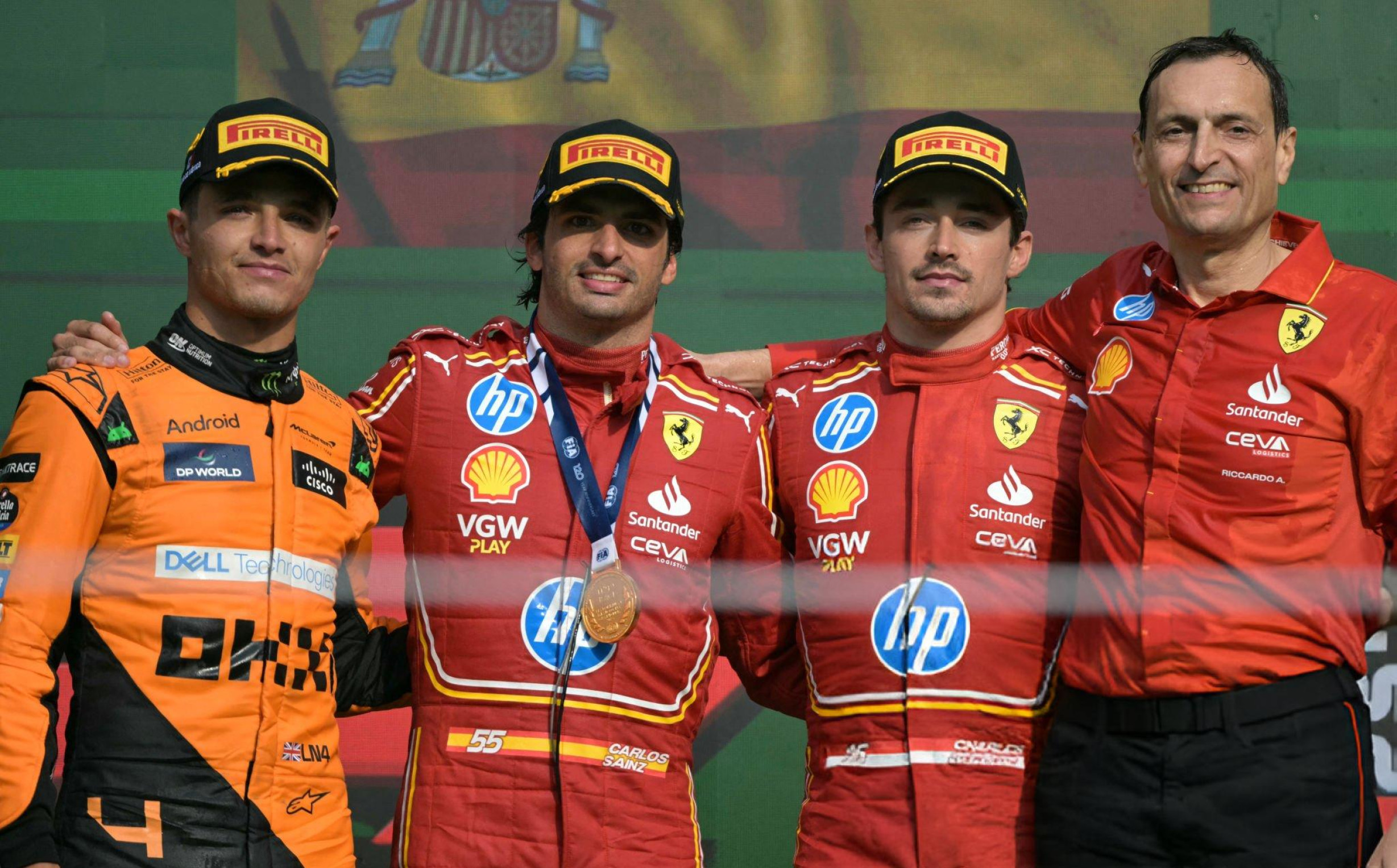 Mexican Grand Prix podium with Carlos Sainz, Charles Leclerc and Lando Norris