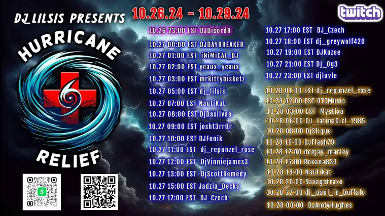 I'll be playing tonight fro 12am - 3am PST. Its the 'Help is on the Way' Hurricane Relief for those in North Carolina which has been especially hard hit in recent storms. Covering the late shift and bringing music to have fun and help support. 🎵🎶🎧