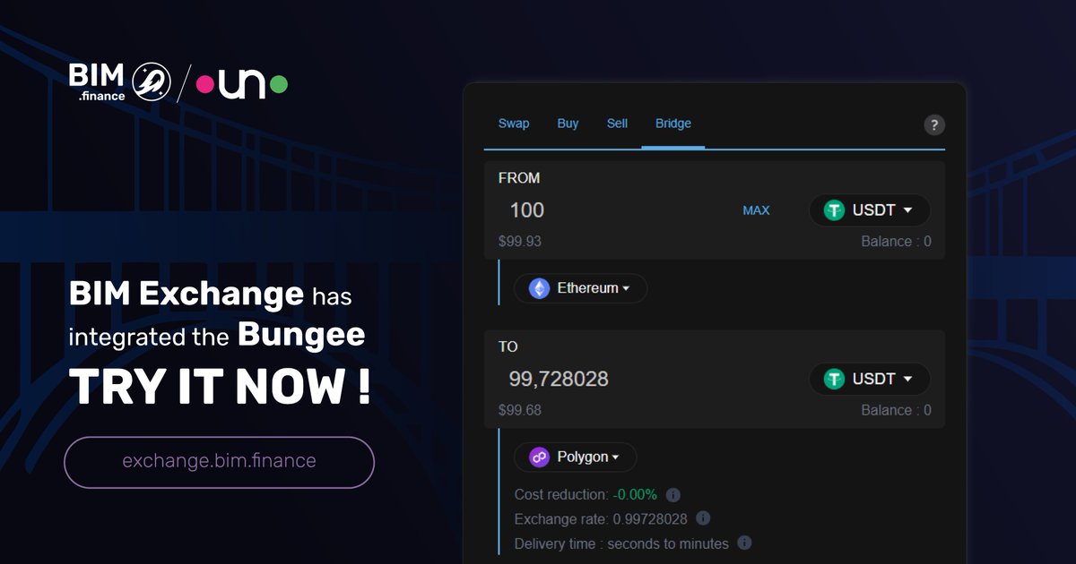 🚨 Bungee is now officially part of BIM Exchange !

Enjoy a higher quality bridge with more features such as integrated swap when transferring between two blockchains

Check it out 👇
exchange.bim.finance

<a href="/BungeeExchange/">Bungee 🕵️</a> 👋