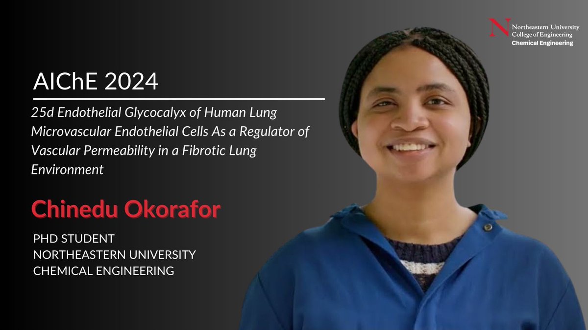 Chemical Engineering at Northeastern University (@nu_cheme) on Twitter photo Come watch our PhD student Chinedu Okorafor in San Diego Convention Center Room 29B present, "Endothelial Glycocalyx of Human Lung Microvascular Endothelial Cells As a Regulator of Vascular Permeability in a Fibrotic Lung Environment." Come watch our PhD student Chinedu Okorafor in San Diego Convention Center Room 29B present, "Endothelial Glycocalyx of Human Lung Microvascular Endothelial Cells As a Regulator of Vascular Permeability in a Fibrotic Lung Environment."