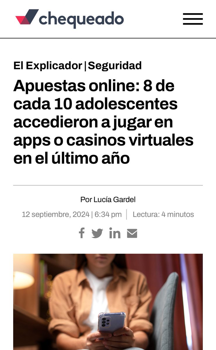 dgarciarena's tweet photo. Un dato preocupante: 8 de cada 10 adolescentes en Argentina han accedido a apuestas online en el último año. 

La falta de regulación y control pone en riesgo a nuestros jóvenes. Es urgente trabajar en políticas que protejan a nuestros chicos.

#ConLosPibesNo https://t.co/1HZsaZoxOX