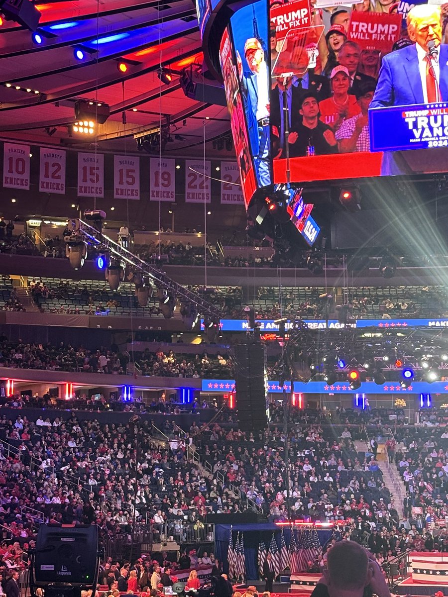 We’re about an hour into former President Donald Trump’s much-ballyhooed Madison Square Garden remarks— but Trump took the stage about two hours late. Perhaps mindful of how late it’s getting, supporters have begun streaming for the exits, even though he’s still speaking.