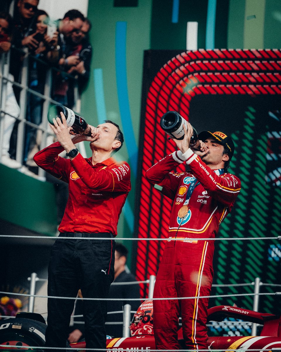 ScuderiaFerrari's tweet photo. Now THAT was a podium 🍾

#MexicoGP #F1 https://t.co/XzAkX5GhKK