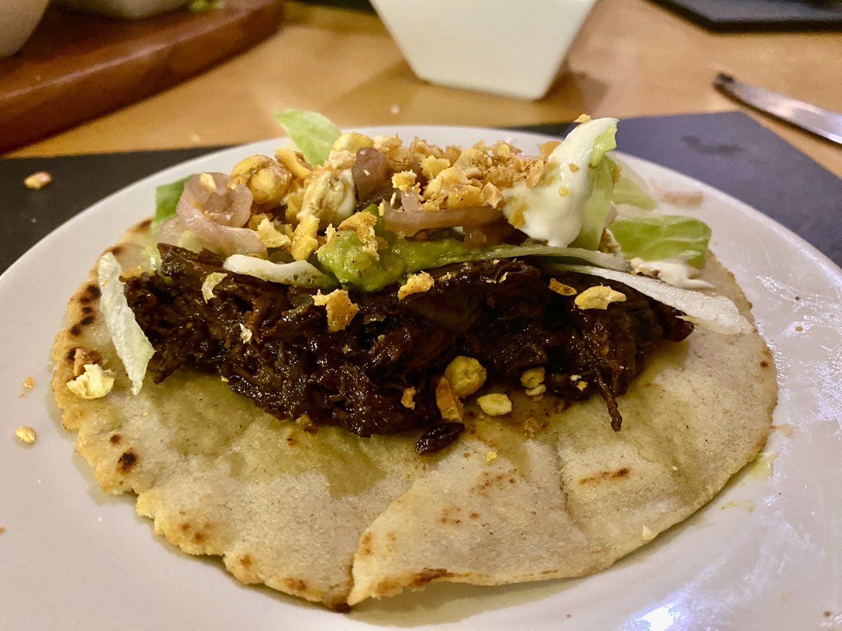 Very slow roast beef short rib tacos with homemade pickled red onions, soured cream, guacamole and toasted corn crumble. She’s chipotle spicy, creamy and zingy with lime. Not too shabby for the boys 👍🏼