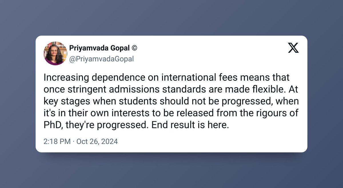 We want to take this portion of the 🧵to unpack some of the tweets we've seen concerning <a href="/lakshmipriyab07/">Lakshmi Balakrishnan</a>'s case. While we agree w/ <a href="/PriyamvadaGopal/">Priyamvada Gopal ©</a> that dependency on migrant student fees is a problem, we question entire argument around 'stringent admissions standards'.