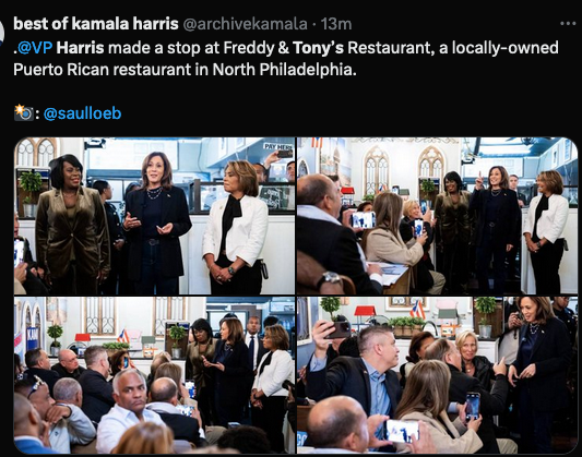 NewsJennifer's tweet photo. This is a staggering split screen.  
-VP Harris at Puerto Rican restaurant in Philly announcing new policy plans to help residents of US territory 
-Trump rally speaker spewing bigoted comments about the island https://t.co/w4g2b1m7la
