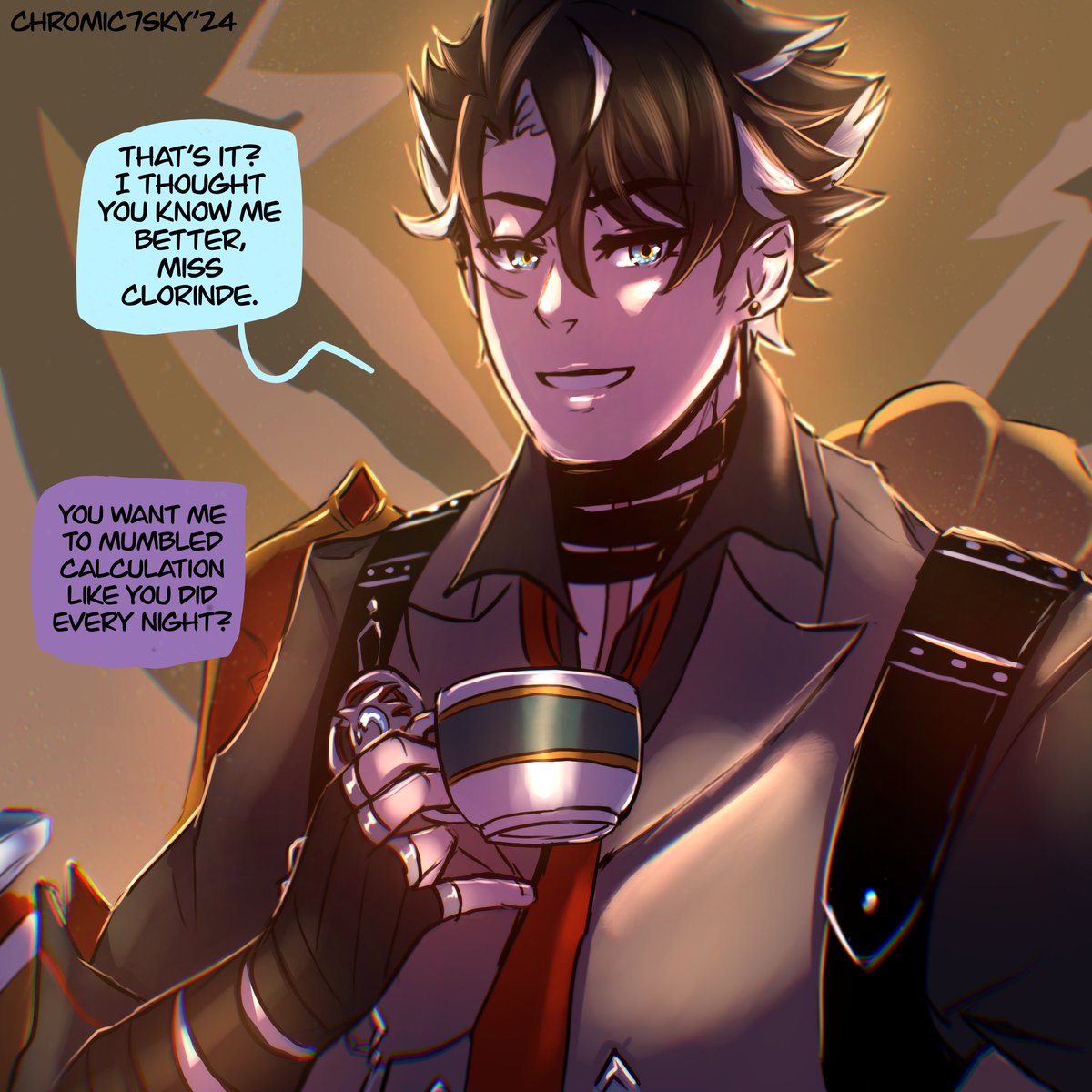 chrome_se7en's tweet photo. The great impersonator. #wriorinde #wriothesley #clorinde #sigewinne #genshinimpact #impersonator #clothesley p.s: can’t help it, i need to draw clorinde n sigewinne in his merch 🤭🤭🤭 https://t.co/pKX8k3Bm7Z
