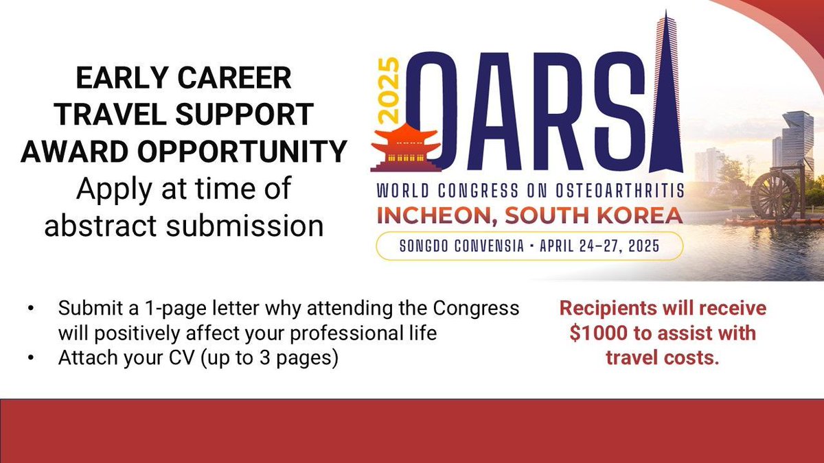 You have to be in it to win it! 

Make sure you apply for the <a href="/OARSInews/">OARSI</a> 2025 World Congress Travel Support Award for Early Career Investigators. 

See details about the award criteria here buff.ly/4h6I0zG
