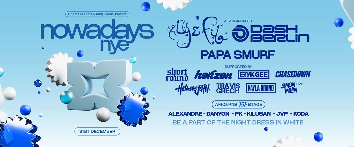 Nowadays NYE 10th Anniversary at Riviera Beach Club! 🎉🌊

Finders Keepers Group &amp; TANG Events bring Dash Berlin, Aly &amp; Fila, Papa Smurf AU, and more! Epic DJs, the Mega Main Stage, Urban Room, and beachfront vibes await! 🌟🎶

Tickets selling fast! 🎟️👉 tblink.to/Nowadays24