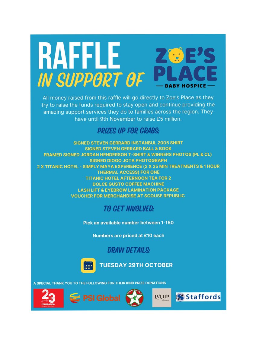 lsweeney265's tweet photo. All 150 numbers gone, draw on Tuesday and all going to an amazing cause 💛 A massive thank you to all who donated prizes and for everyone's support. All proceeds going to @ZoesPlaceLiv
#Zoesplace #SaveZoesPlace https://t.co/CsKsDsp3sQ