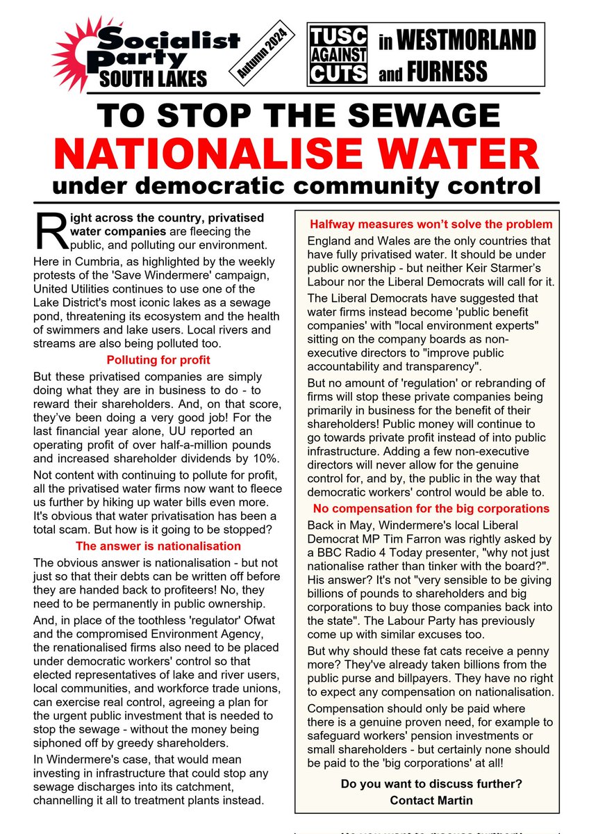 MPDNUT's tweet photo. Our message to everyone who wants to #SaveWindermere is #Nationalise water under democratic community control https://t.co/DfrJDT1fdn