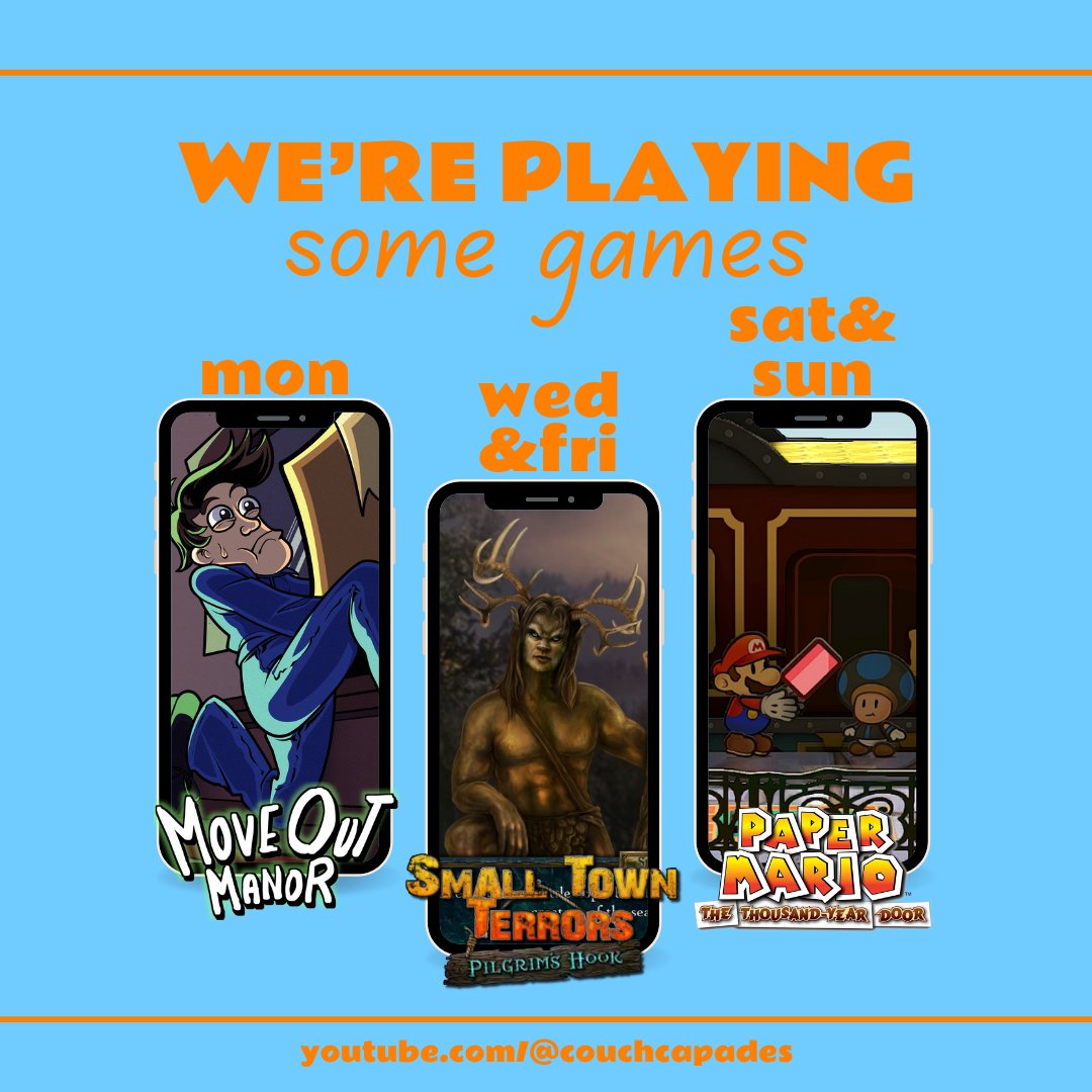 CouchCapades's tweet photo. Hey, it's spooky week, so we're switching the weekday games!

YouTube
Mon - @balustergames reached out to us about their game, #MoveOutManor. It's similar to Baba, so Jon is just as chill!
W/F - #SmallTerrorsPilgrimsHook
Sa/Su - #PaperMario #TTYD

Live on Wed 😀 https://t.co/den91Fmbwi