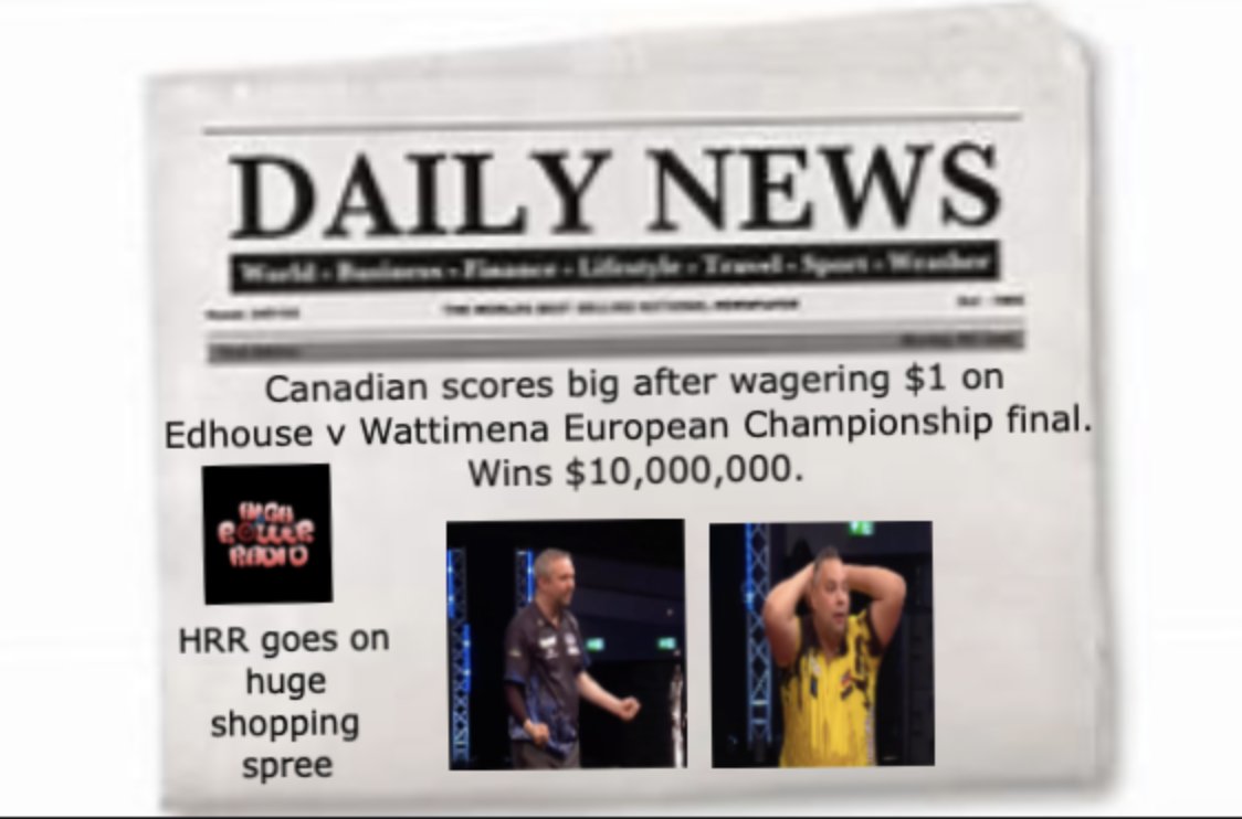 HighRollerRadio's tweet photo. Breaking news out of Canada:

Easy money!!! $$$$
#Darts #EDC24 #EuropeanChampionship #Rich https://t.co/0tU7jTZai2