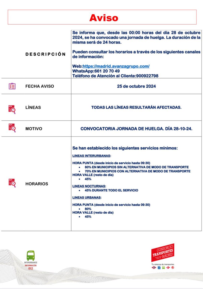 🚨 Huelga general de transportes de viajeros por carretera 🚨

🚍 Todas las líneas de interurbanos se verán afectadas. 

➡️ Mañana, lunes 28 de octubre 
➡️ 11, 28 y 29 de noviembre 
➡️ 5 y 9 de diciembre

#HumanesdeMadrid #Huelgadetransporte