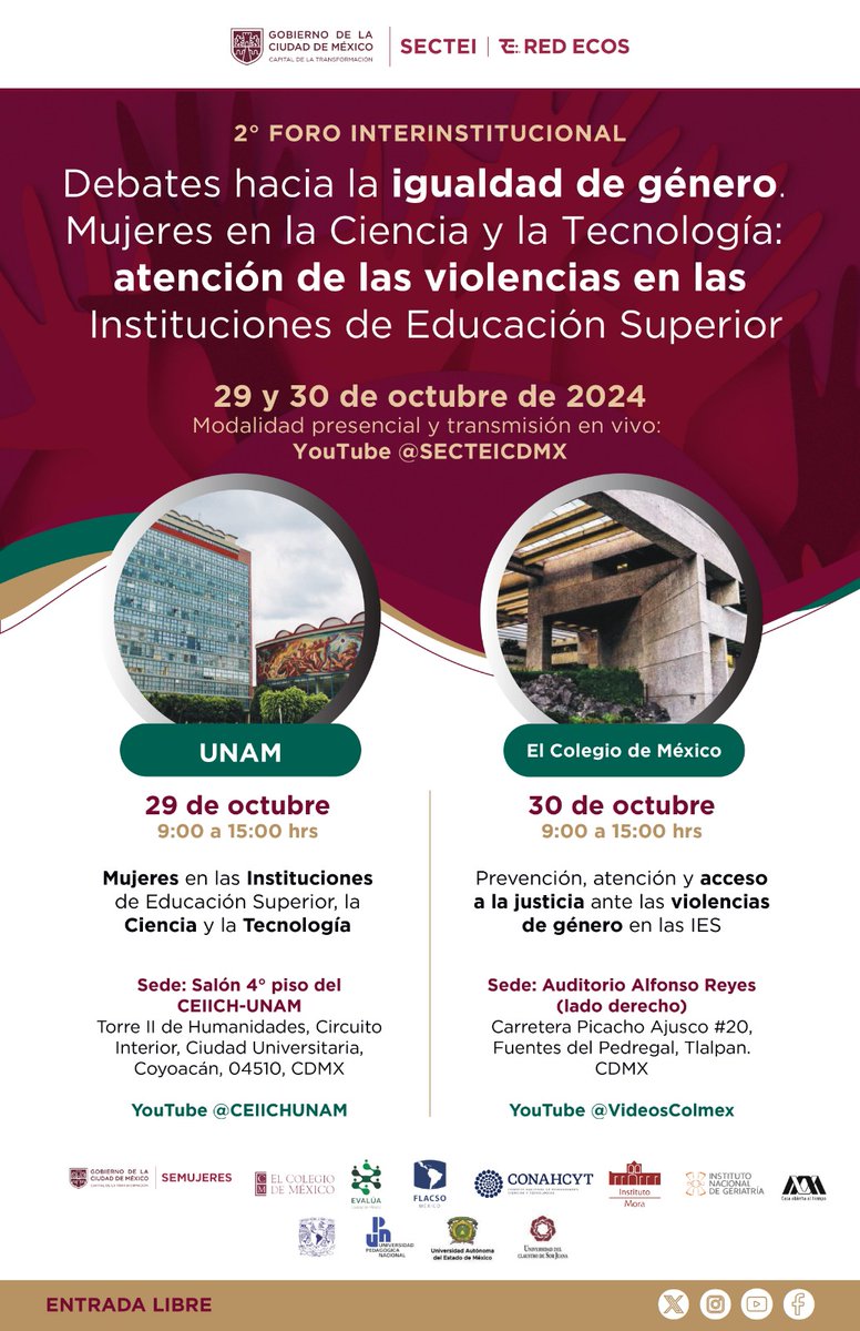 SECTEI CDMX (@sectei_cdmx) on Twitter photo El Centro de Estudios de Género invita al 2° Foro Interinstitucional de la <a href="/Red_ECOs/">Red ECOs CDMX</a>, con los temas:
Mujeres en las instituciones de educación superior, la ciencia y la tecnología.
🗓️29 de octubre
⌚️ 9:00 a 15:00 h
Asiste de manera presencial o en línea.
youtube.com/live/iiyn_8-yY… El Centro de Estudios de Género invita al 2° Foro Interinstitucional de la <a href="/Red_ECOs/">Red ECOs CDMX</a>, con los temas:
Mujeres en las instituciones de educación superior, la ciencia y la tecnología.
🗓️29 de octubre
⌚️ 9:00 a 15:00 h
Asiste de manera presencial o en línea.
youtube.com/live/iiyn_8-yY…