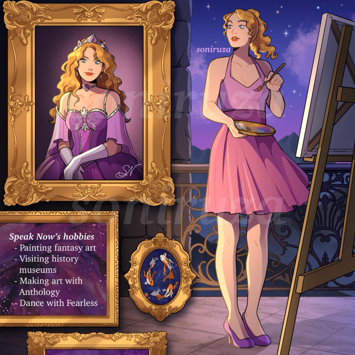 soniruza's tweet image. Let’s take a look at Speak Now’s hobbies! 💜 She’s very much into high fantasy stories, art and everything to do with fairytales. She spends her time painting the landscapes she sees from her tower and daydreaming about a life far away in some Kingdom 🏰🗡️✨💜