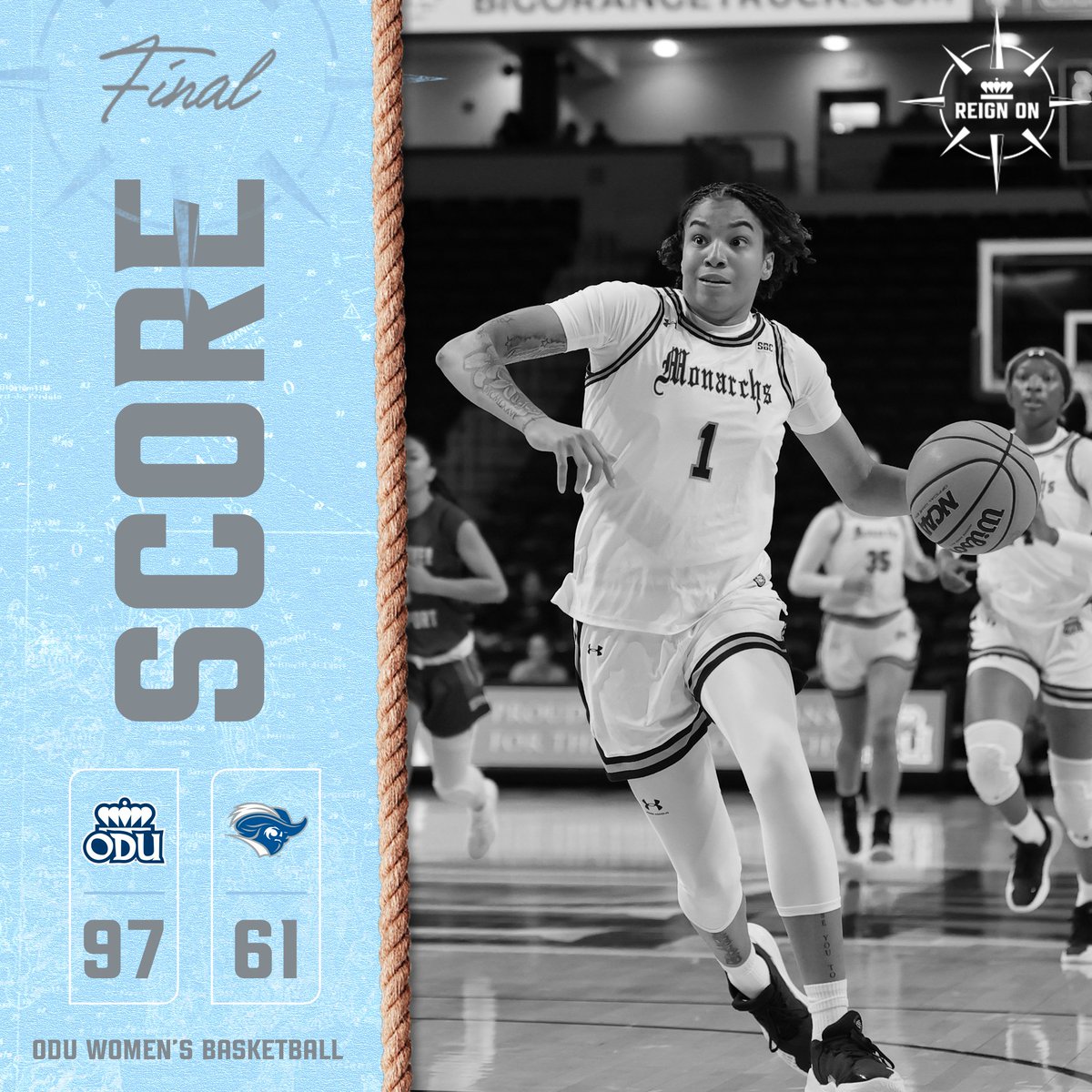 FINAL
ODU 97, CNU 61

Next up ➡️ Season opener at Ball State for the #MACxSBC Challenge.  

#ODUSports | #ReignOn | #Monarchs