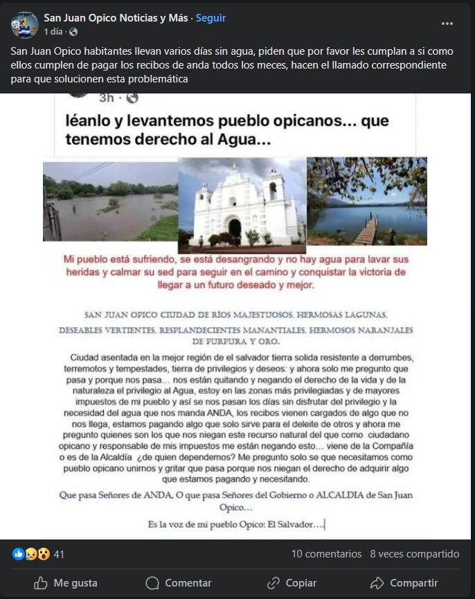 LugihdYt's tweet photo. @Giovann05373253  @ANDASV  @nayibbukele  @NoeRiveraNR  Buenas Tardes espero que puedan ayudar a difundir este mensaje, Desde hace varios días el servicio de agua potable  no esta disponible en el municipio de san juan opico, y los señores de anda no dan una explicación https://t.co/nNRS7eT7Hu