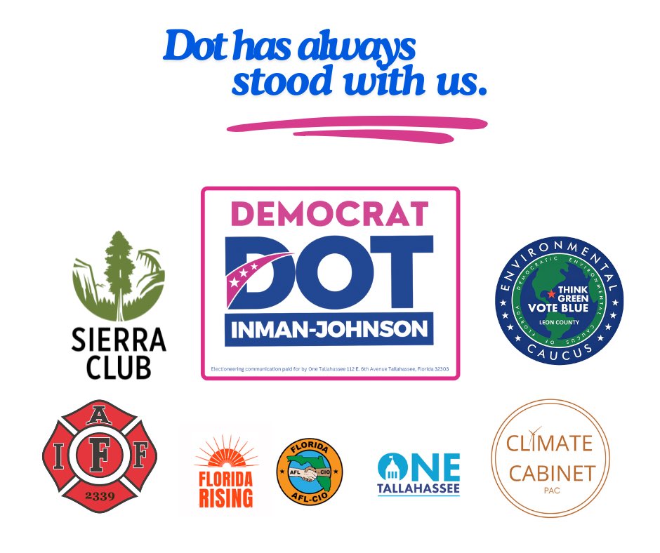 Dot Inman-Johnson is supported by hundreds of small-dollar donors and national civic groups you know and trust.

Her opponent is running negative ads funded by destructive developers and right wing special interests that want special favor from local government.

Dot is the one!