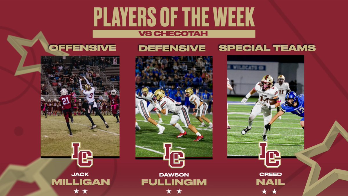 Lincoln Christian Football (@lcstulsa_fb) on Twitter photo Congratulations to our Players of the Week for the game against Checotah! <a href="/JackMilligan_/">Jack Milligan</a> <a href="/DawsonFullingim/">Dawson Fullingim</a> <a href="/CreedNail/">Creed Nail</a> Congratulations to our Players of the Week for the game against Checotah! <a href="/JackMilligan_/">Jack Milligan</a> <a href="/DawsonFullingim/">Dawson Fullingim</a> <a href="/CreedNail/">Creed Nail</a>