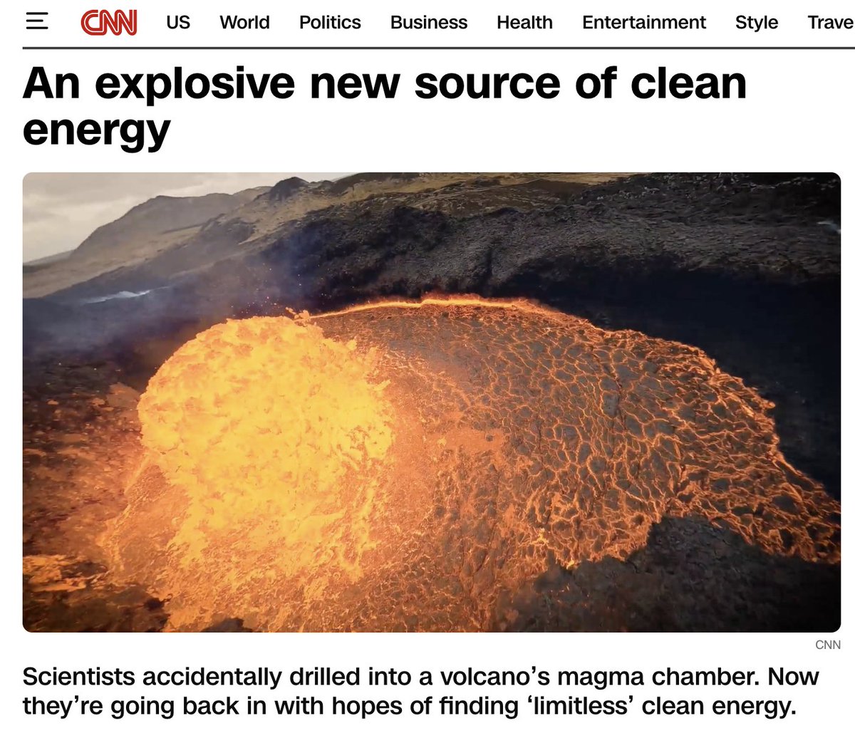 MichaelEMann's tweet photo. No @CNN. Geothermal energy from *Iceland* cannot possibly provide the *world* w/ 'limitless' clean energy. Such clickbait pollyannaism distracts from the task at hand--diverse, distributed wind, solar (and yes geothermal) energy combined w/ storage, conservation and efficiency. https://t.co/ObmBR4kDE6