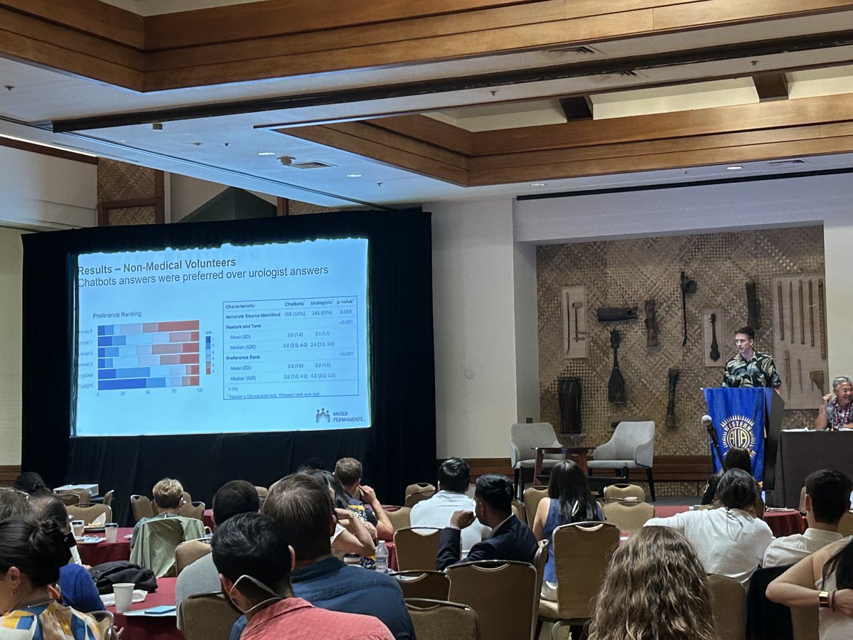 KKseattle's tweet photo. Interesting paper showing that chatbot responses are actually favorable to urologist responses to patient messages. @auawest #WSAUA24 #EricRobinson #MarkFeng @EugeUrology https://t.co/PlWWXxOaXn