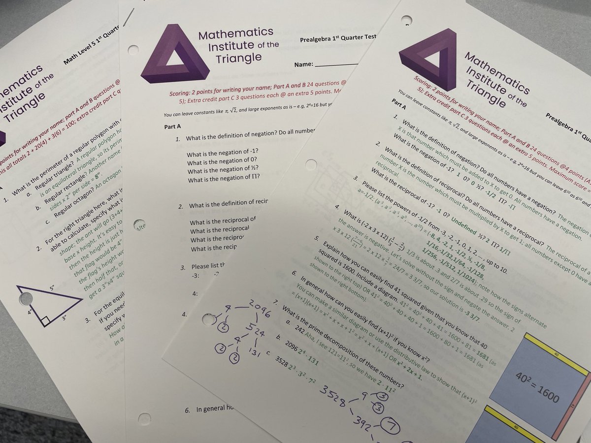 triangleMath's tweet image. It’s first quarter test day for level 5 and prealgebra students. We hope it’s a challenging yet fun learning experience and helps to show the students how much they have learned. #mtbos #mathTest