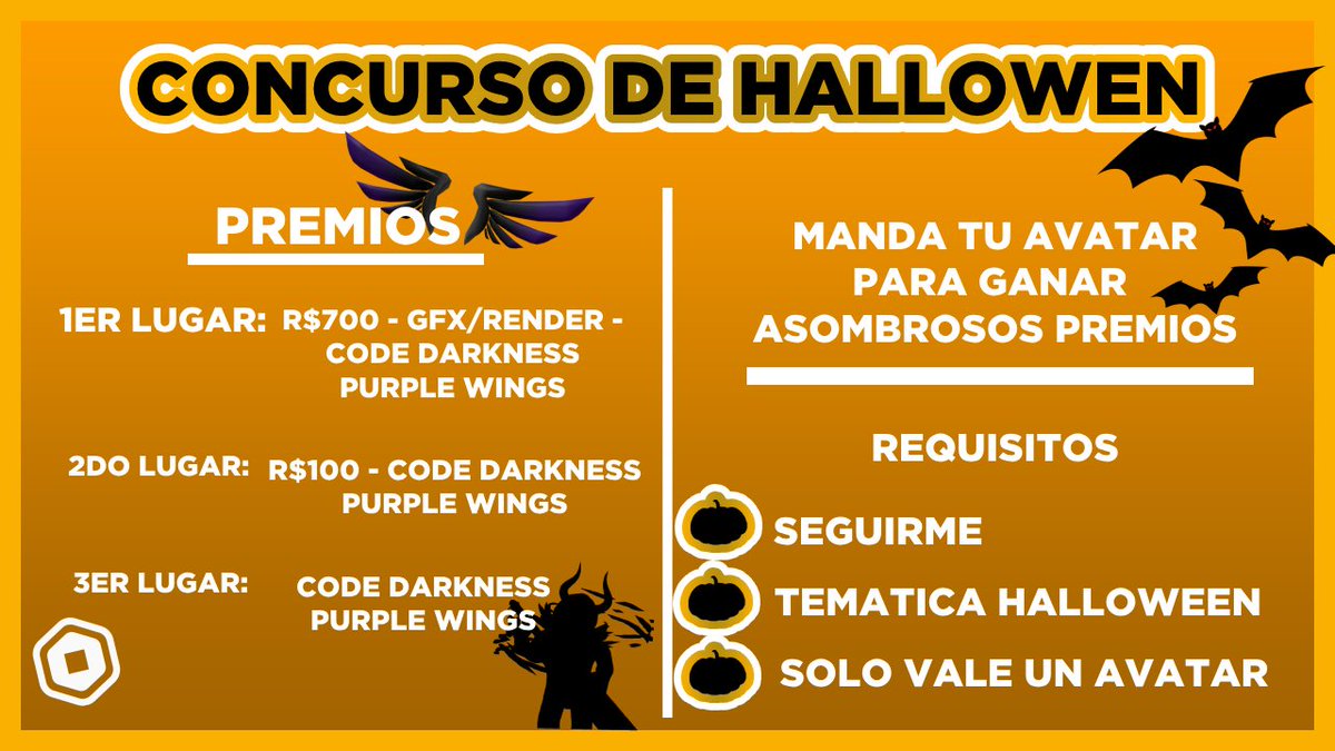 NG29925647's tweet photo. 🎃| CONCURSO de HALLOWEEN
Por la semana de Halloween, haremos un concurso de avatares de Roblox con grandiosos premios!
¡Termina el 31 de octubre!
Manda tu avatar aquí: https://t.co/pQwkQlTPM3
#Roblox #Halloween #robuxgiveaway https://t.co/roIQq9eK8s