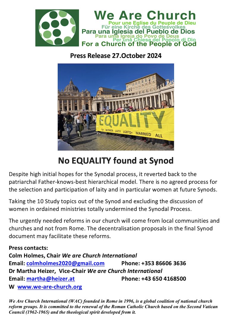 We Are Church International 
Press Release re SYNOD 2024
we-are-church.org
#OrdainWomen, #Synod, #Synod2024, #WhyNotMe, #WomenPriests, #synodonsynodality