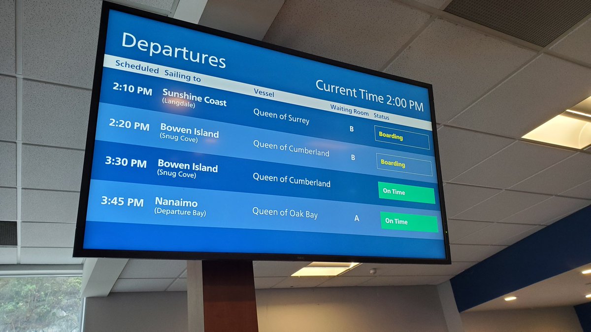 Aaron Bradley (@aaranged) on Twitter photo Hey <a href="/BCFerries/">BC Ferries</a>, at Horseshoe Bay and this is the message displayed as they announced that the 1:15 hasn't left Langdale yet. What's the point of these always-inacurrate displays? Hey <a href="/BCFerries/">BC Ferries</a>, at Horseshoe Bay and this is the message displayed as they announced that the 1:15 hasn't left Langdale yet. What's the point of these always-inacurrate displays?