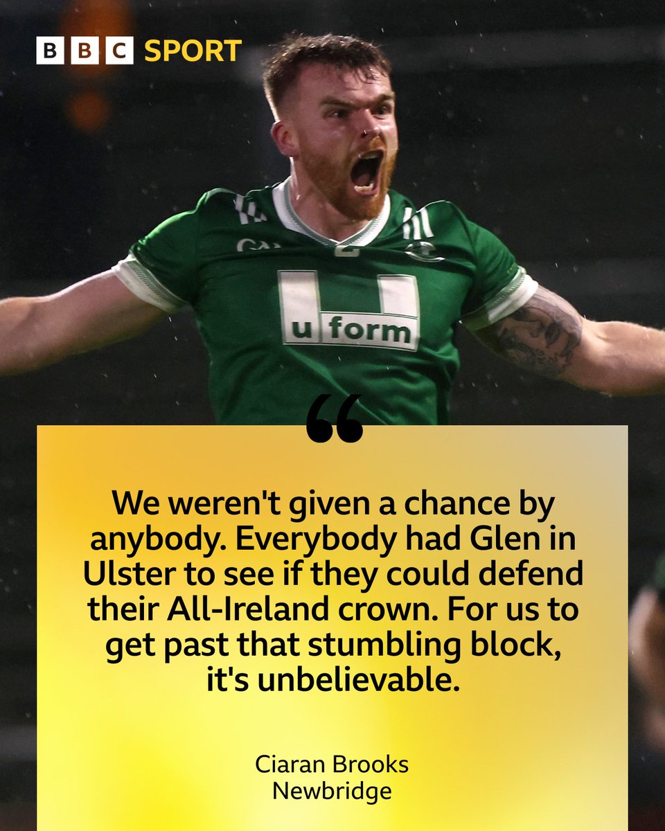 All-Ireland holders Glen were stunned in the Derry Senior Football final.

Ciaran Brooks hit an injury-time winning point as Newbridge claimed their first county title in 35 years 🏆

#BBCGAA