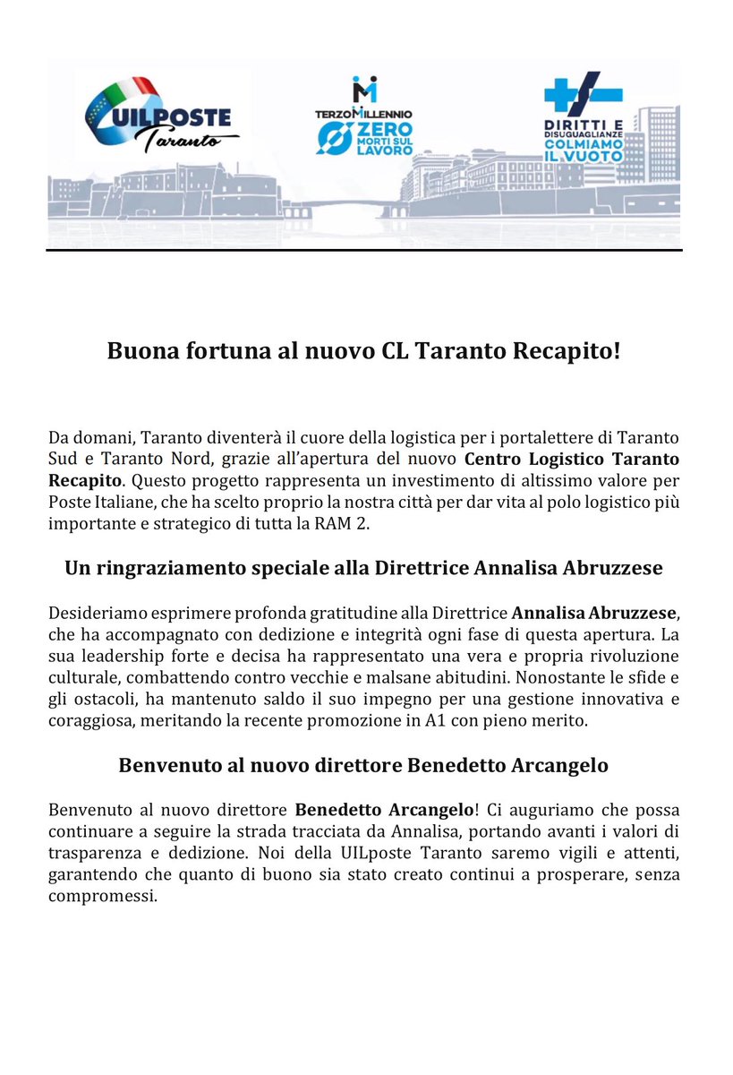 giuseppeman81's tweet photo. Da domani i Portalettere di Taranto Sud e Taranto Nord si uniranno in un unico Centro Logistico all’avanguardia… 🔝 https://t.co/oto7g6lbXV