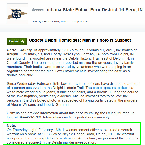 MattBlacInc's tweet image. #ARCHIVES | #ALLEYESONDELPHI 

#DELPHIARCHIVES

&apos;Note: On Thursday night, February 16th, 2⃣0⃣1⃣7⃣
law enforcement officers executed a search warrant on a home at
1⃣1⃣0⃣3⃣6⃣ West Bicycle Bridge Road, #Delphi, IN.  The warrant was part of the ongoing Delphi investigation. At this…