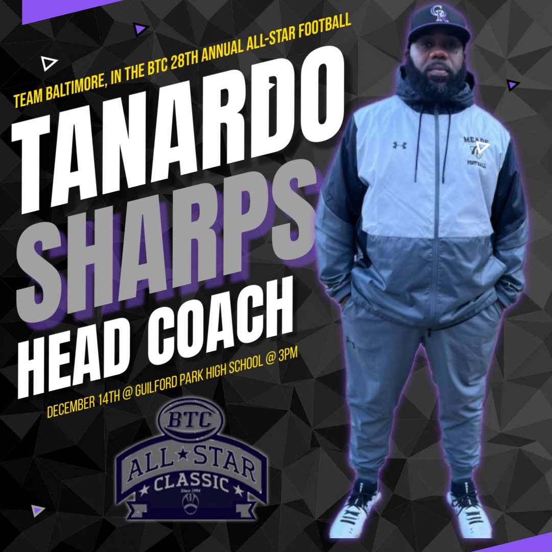 meademustangsfb's tweet photo. Congrats, to Coach Sharps on being selected as the Head Coach, for Team Baltimore, in the 28th Annual BTC All-Star Football Game. We also want to send a HUGE THANK YOU to our coaching staff, and the Meade Mustangs Community. Love y’all. @TanardoSharps https://t.co/vaphloCyYD