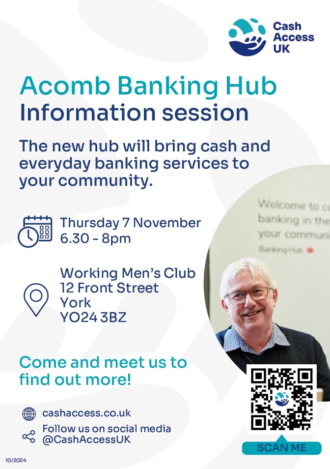 Join us at Acomb Working Men's Club on 7th November at 6:30pm to find out more about the Banking Hub that is coming to Acomb.

Visit our website to find out more:
greateracomb.org.uk/calendar/item/…

#acomb #bankinghub #community