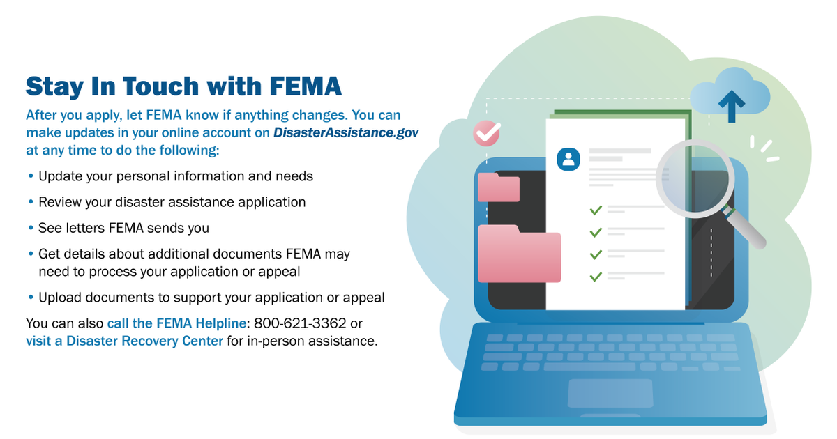fema's tweet image. If you have questions about your application status after applying for #Helene or #Milton assistance, you can always check the latest status by:

1️⃣ Logging into: DisasterAssistance.gov
2️⃣ Visiting a DRC: FEMA.gov/DRC
3️⃣ Calling our Helpline: 800-621-3362