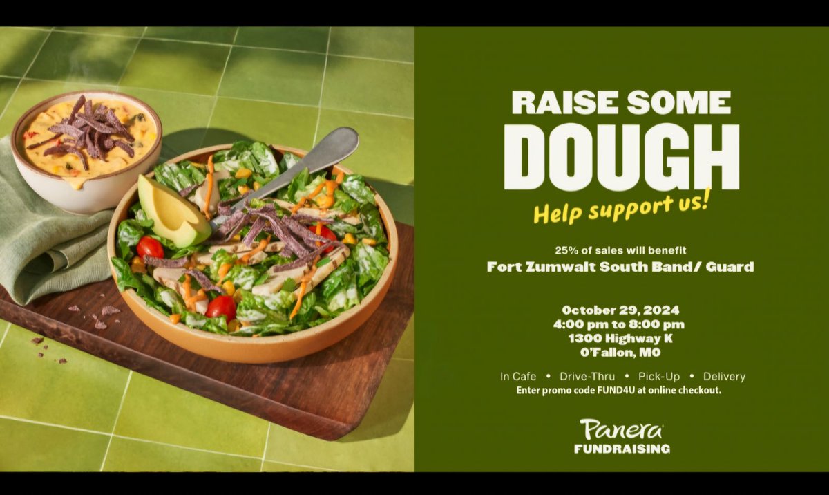 Great  fundraiser coming up Tuesday! Plan to have your favorite Panera meal and  score some dough for the band! Show this pic at Panera on 10/29 so the  band makes 25%.